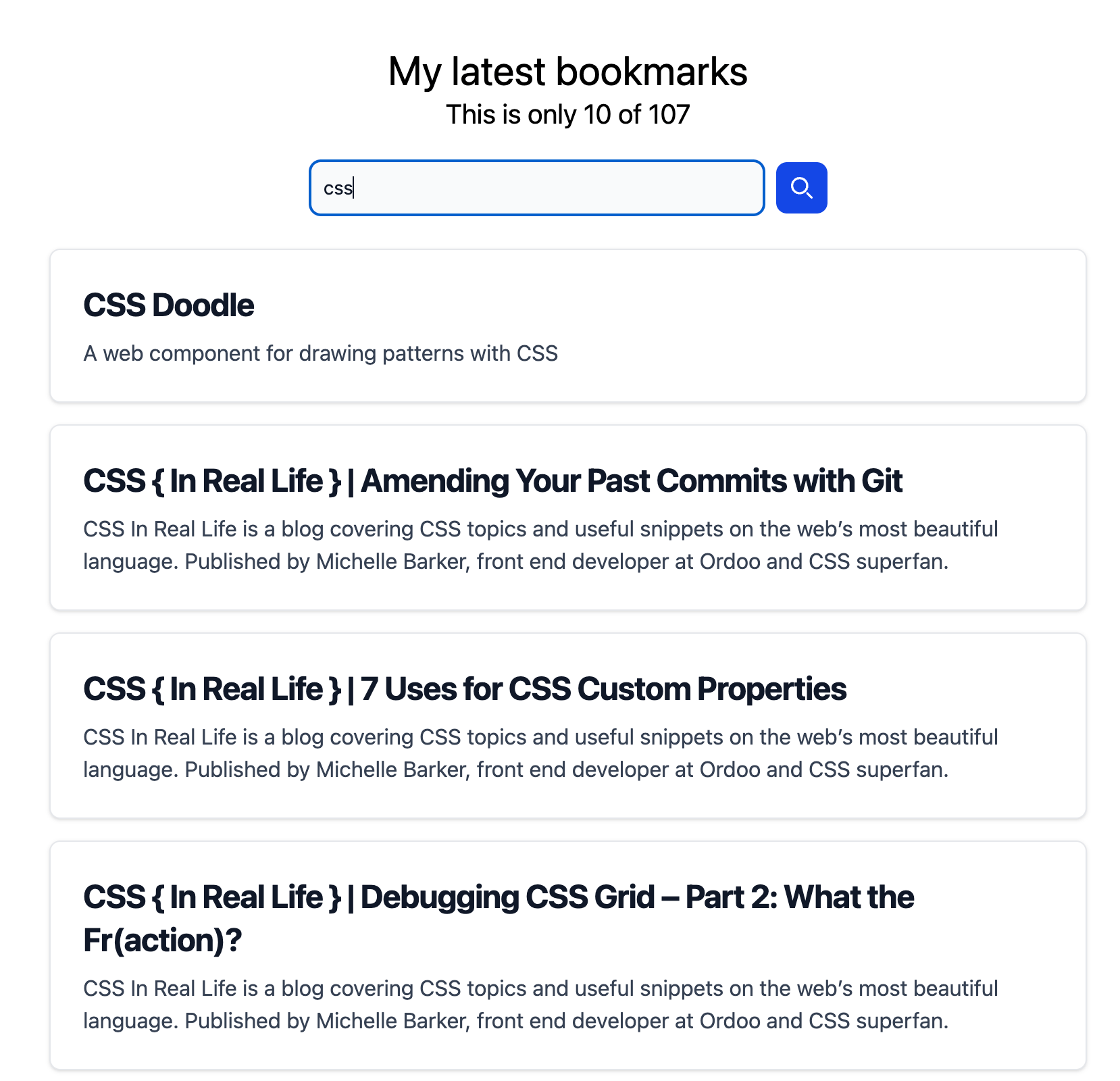 Search field with the word 'css' types in it. Related search results are displayed below it.