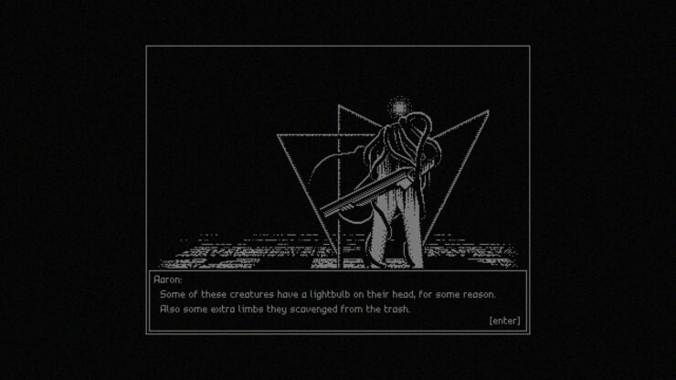 Repose - A tentacled creature holding a shotgun looms before you.