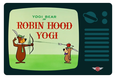 The Yogi Bear Show illustration where Yogi shoots an arrow into an apple on Boo-Boo’s head