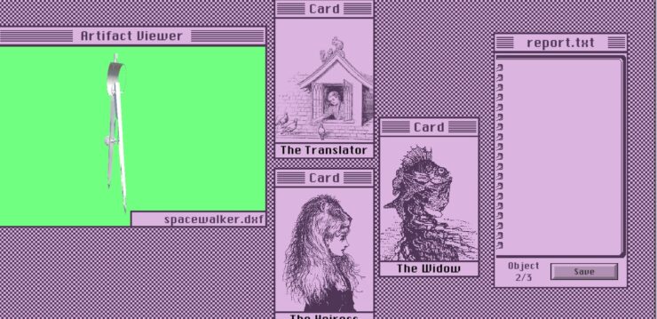 ArchaeOS - A compass shown in a small browser window with some strange tarot cards laid down beside it.