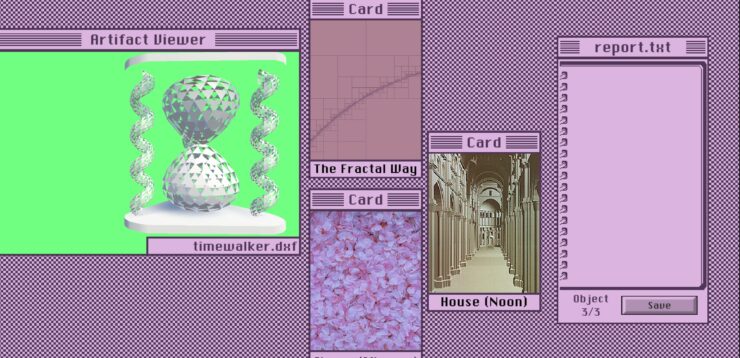 ArchaeOS - A picture of an hourglass in an old browser window. Several tarot cards are laid out beside it.