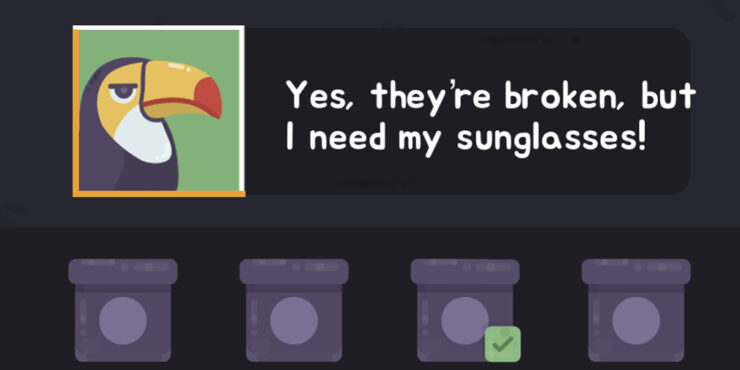 A frowning toucan says they are looking for their broken sunglasses.