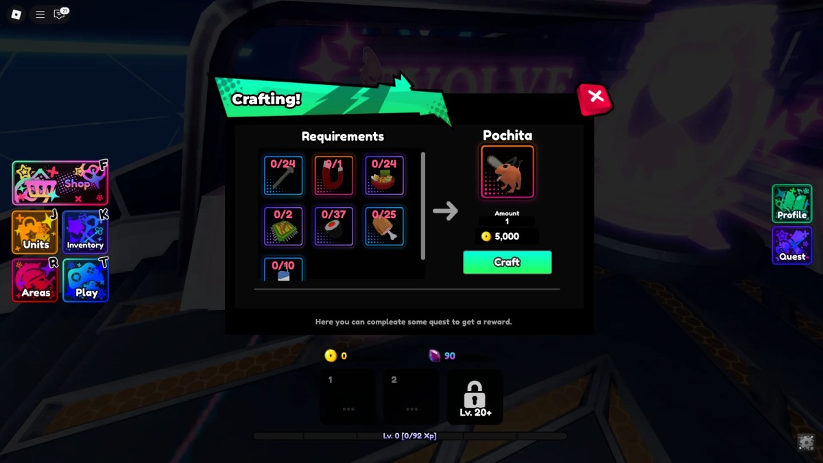 Preview of the Evolve unit menu in Anime Saga Roblox experience.