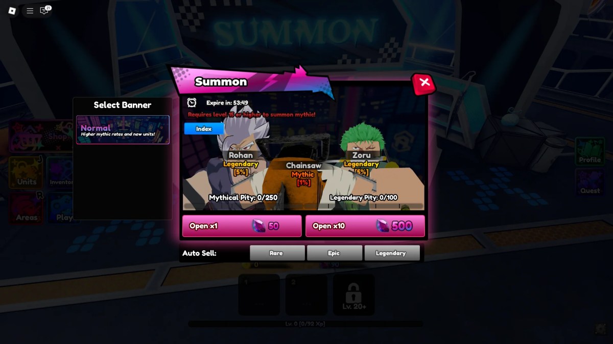 Preview of the summon menu in Anime Saga Roblox experience.