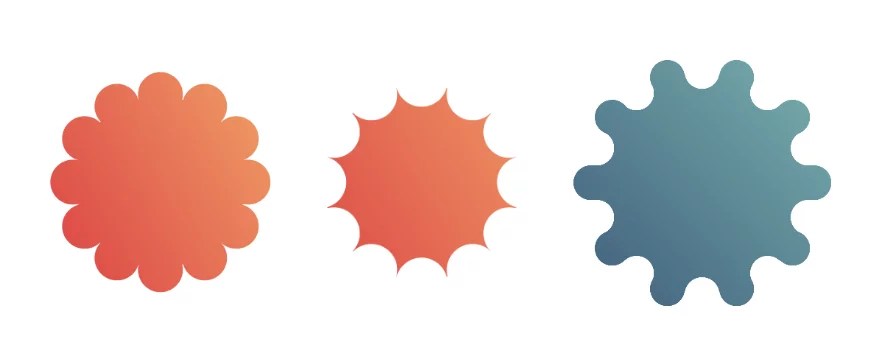 Three shapes. The first looks like a flower. The second looks like a sun. The third looks like a blob.