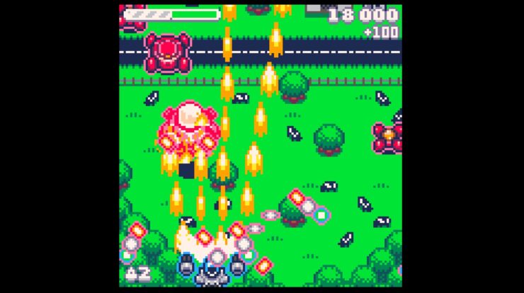 Cattle Crisis - A starship fires a hail of shots at some approaching red starships while cows graze down below.