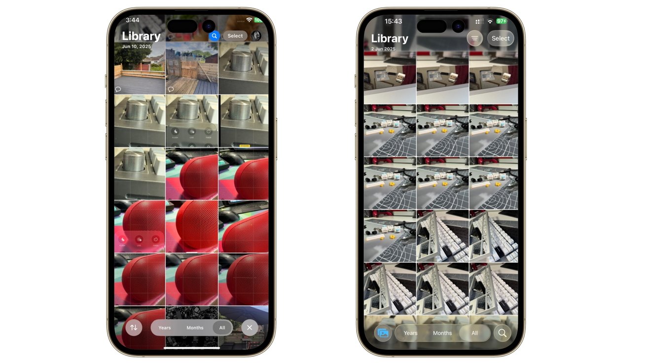 Two smartphone screens display photo libraries with various thumbnails, including outdoor scenes, metal objects, red speakers, and structures. Dates and options are visible at the top and bottom.