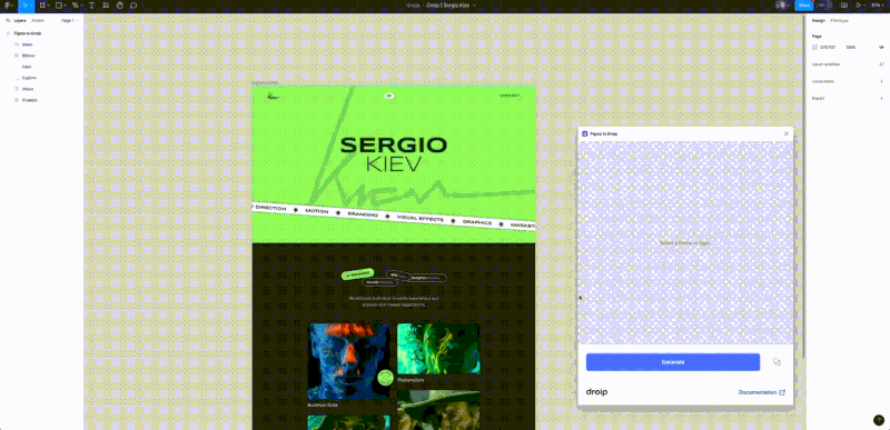 Screencast showing Figma design being imported into Droip builder.