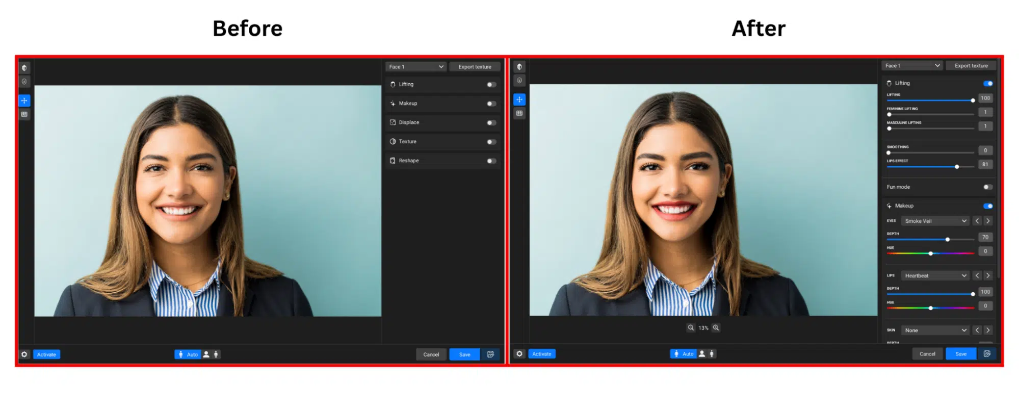 Before and after editing of a business profile image using Retouch4me Face Make