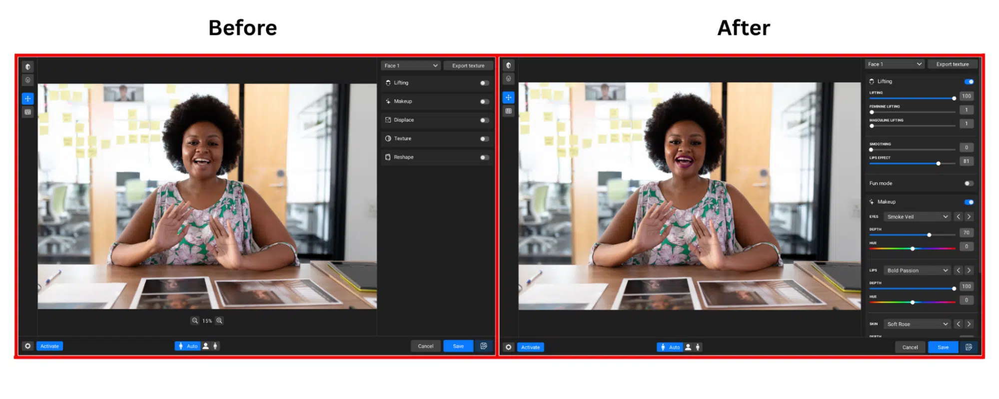 Before and after editing of an influencer thumbnail using Retouch4me Face Make
