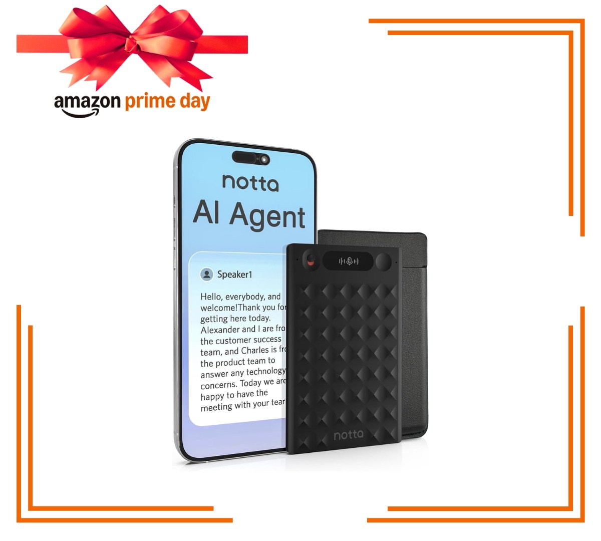 Black AI recorder beside phone centered in orange border and Amazon Prime Day logo above