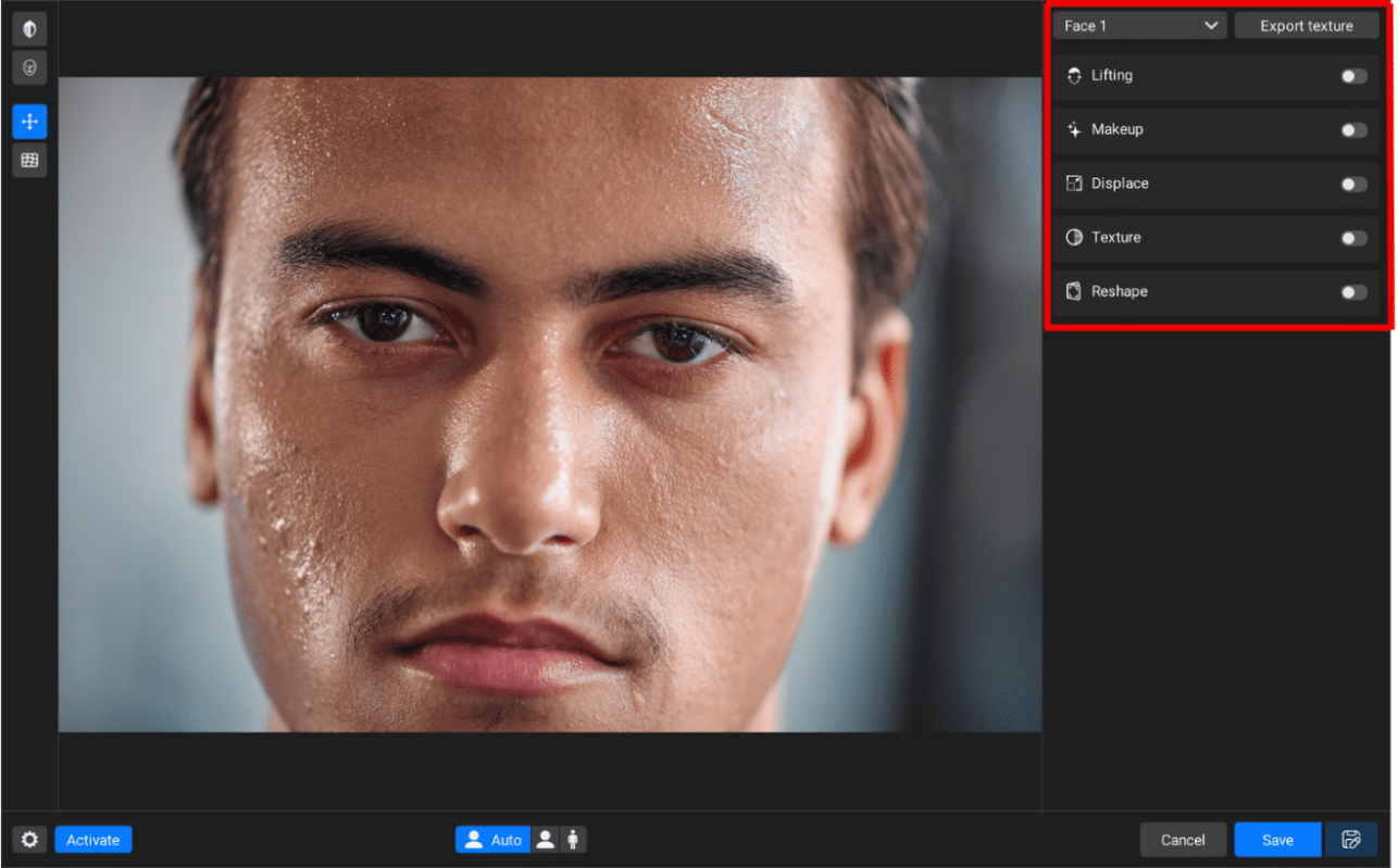 Panel with filters on the right side of the Retouch4me Face Make tool
