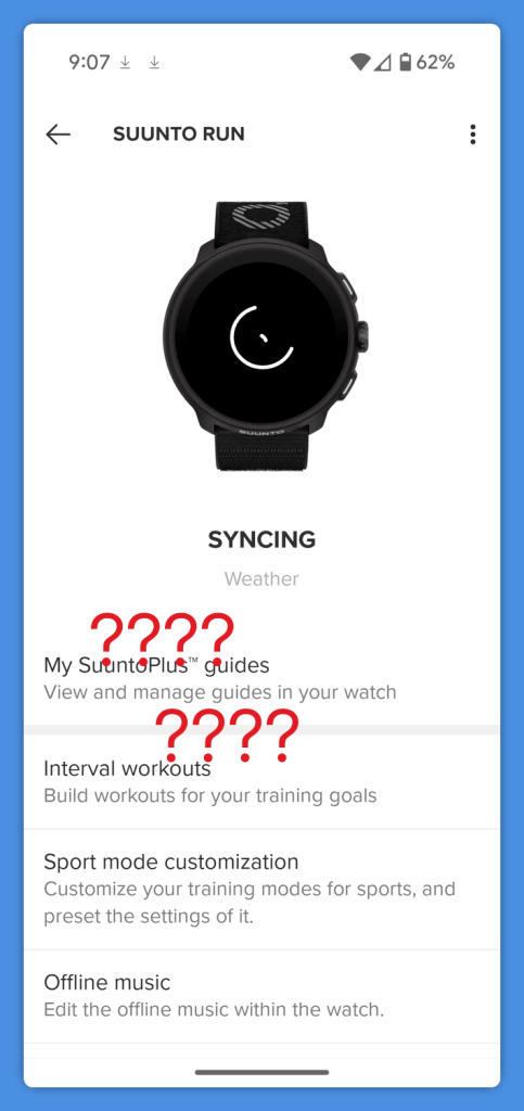 A screenshot of the Suunto Run smartwatch interface, displaying options for syncing, workout guides, interval workouts, sport mode customization, and offline music.