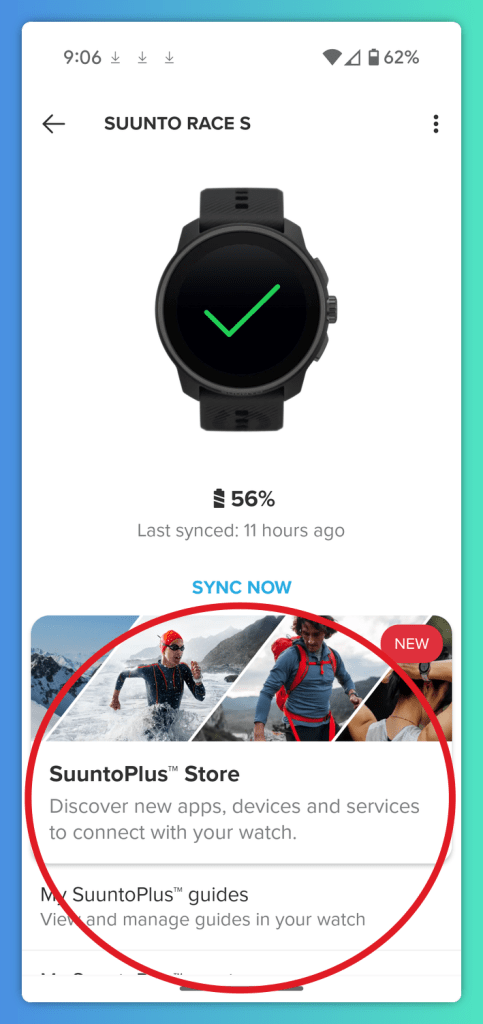 Mobile interface showing the Suunto Race S smartwatch with a green checkmark and battery status.