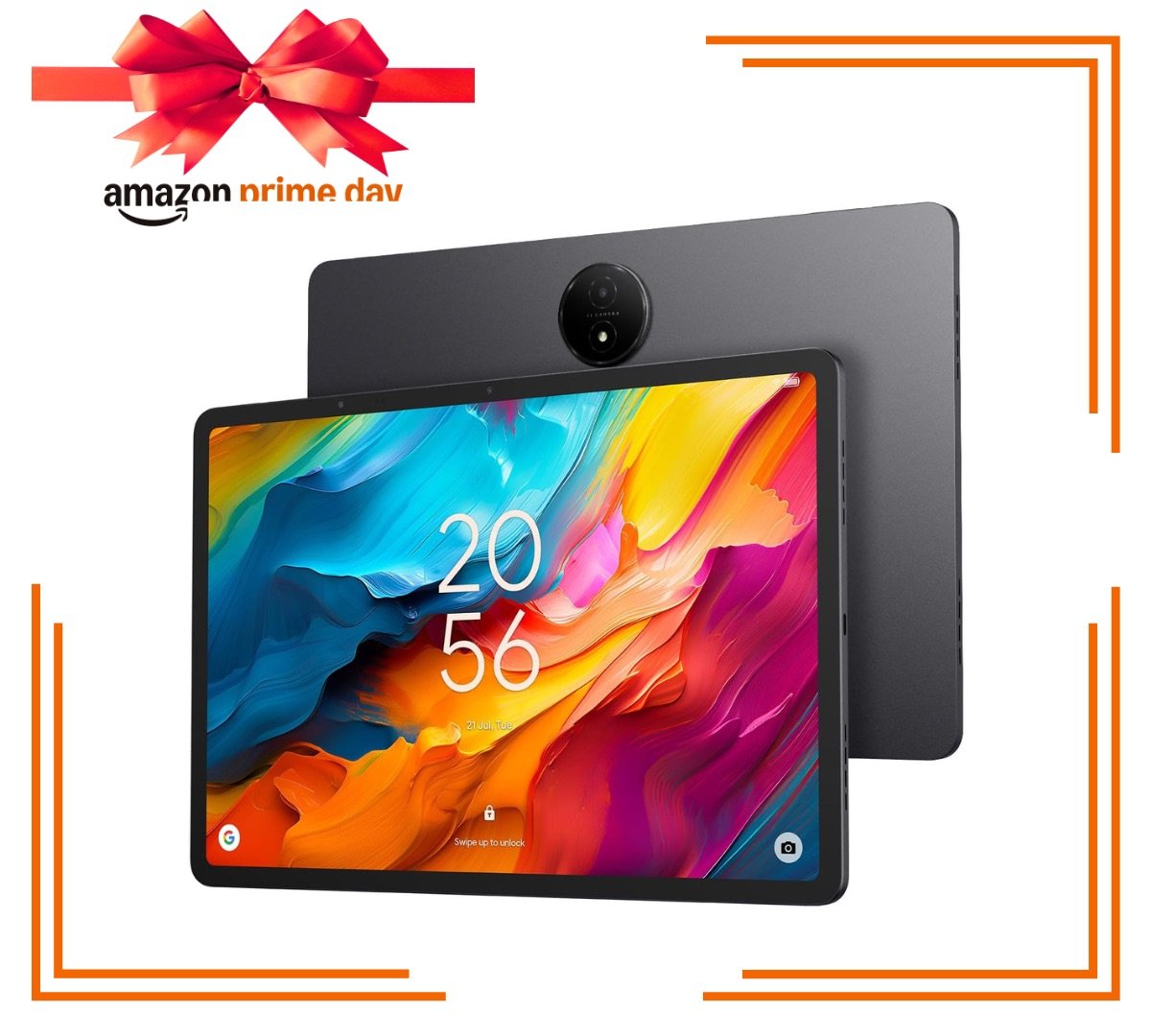 Android tablet centered in orange border and Amazon Prime Day logo above