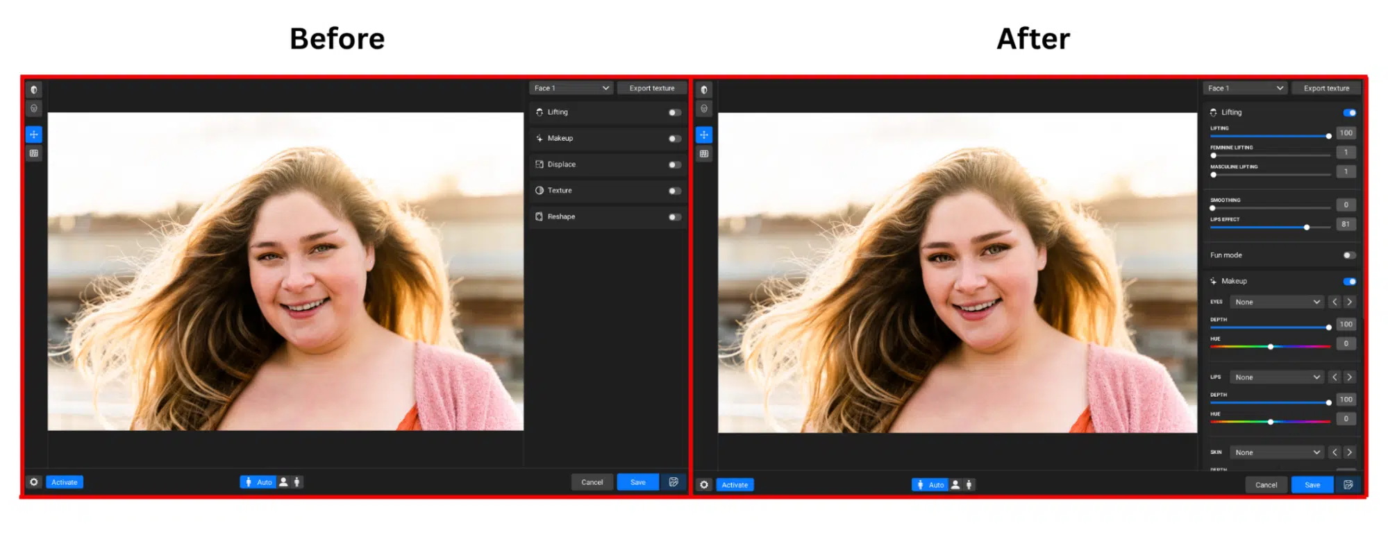 Before and after editing of a portrait image using Retouch4me Face Make