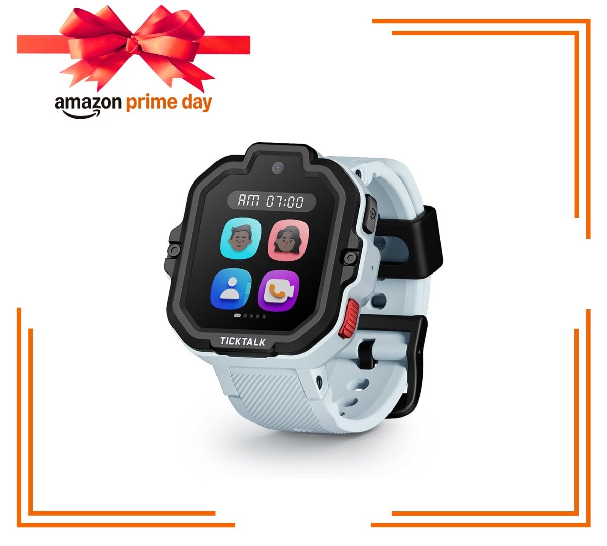 Blue kids watch centered in orange border and Amazon Prime Day logo above