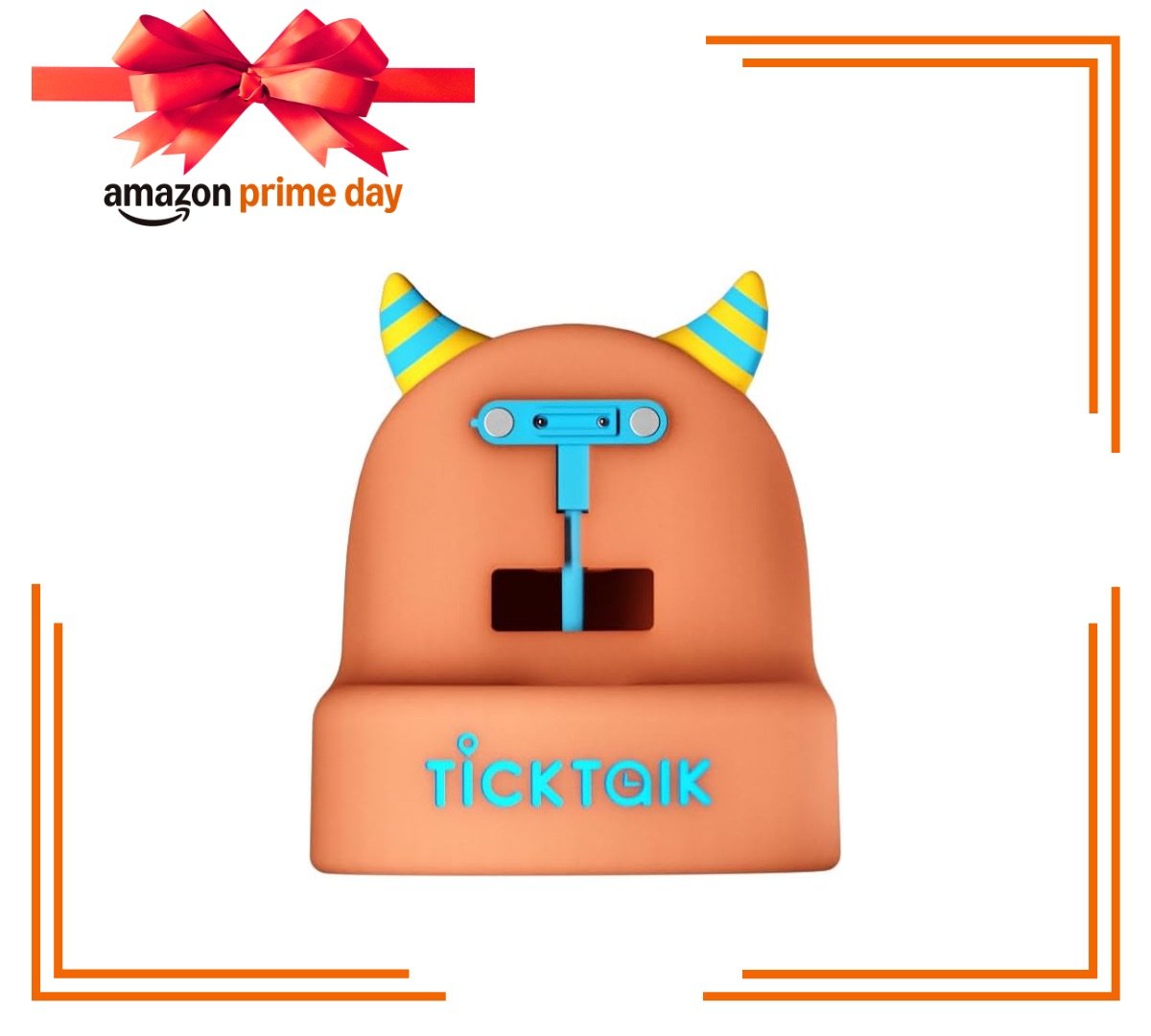 Orange kids charging dock centered in orange border and Amazon Prime Day logo above