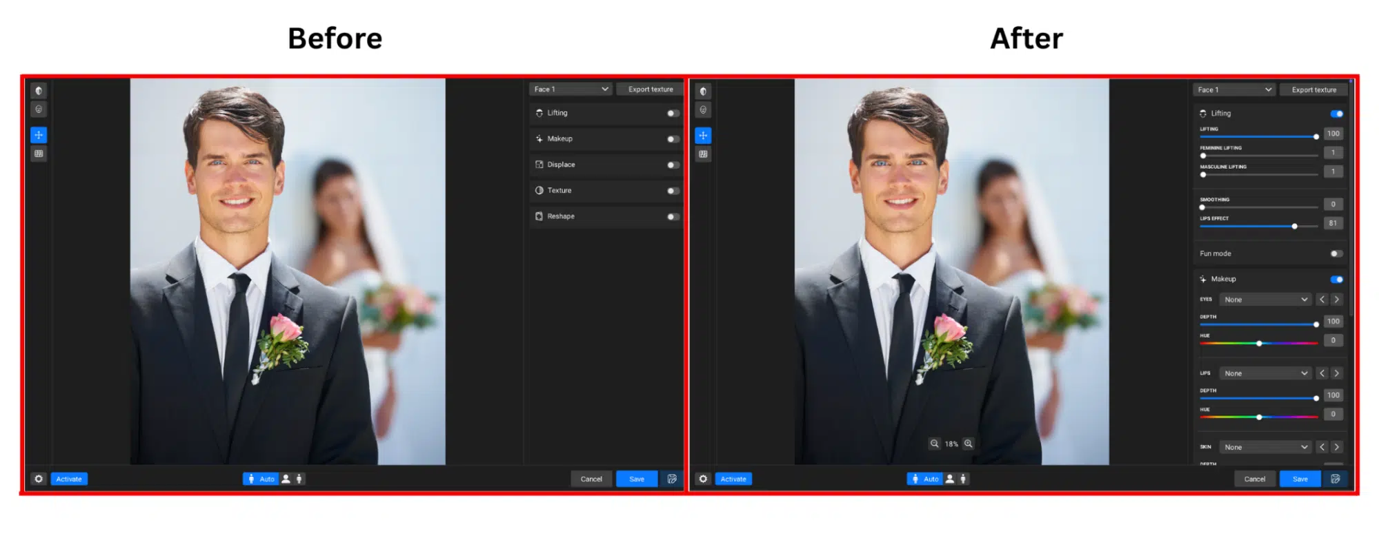 Before and after editing of a wedding image using Retouch4me Face Make