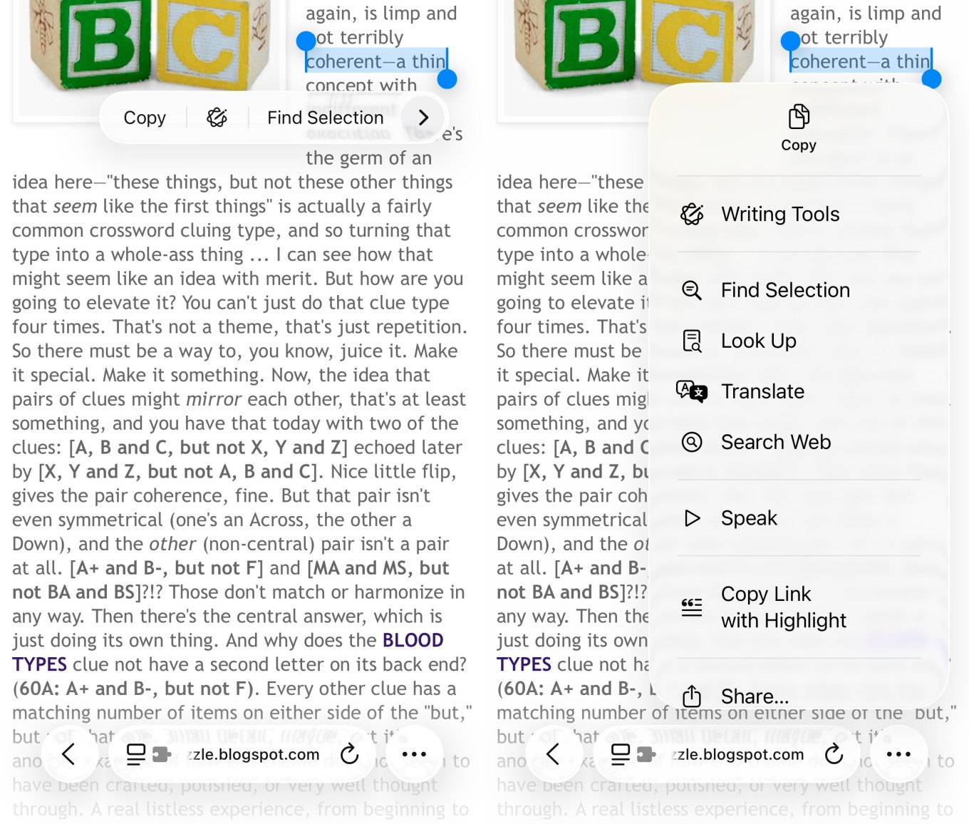 Screenshot showing the popover menus in iOS 26. The left hand shows a small popover with Copy, Apple Intelligence, and Find Selection, followed by a small arrow. The right hand shows that menu expanded into a full popover menu, including more options like Translate, Search Web, Speak, and more.