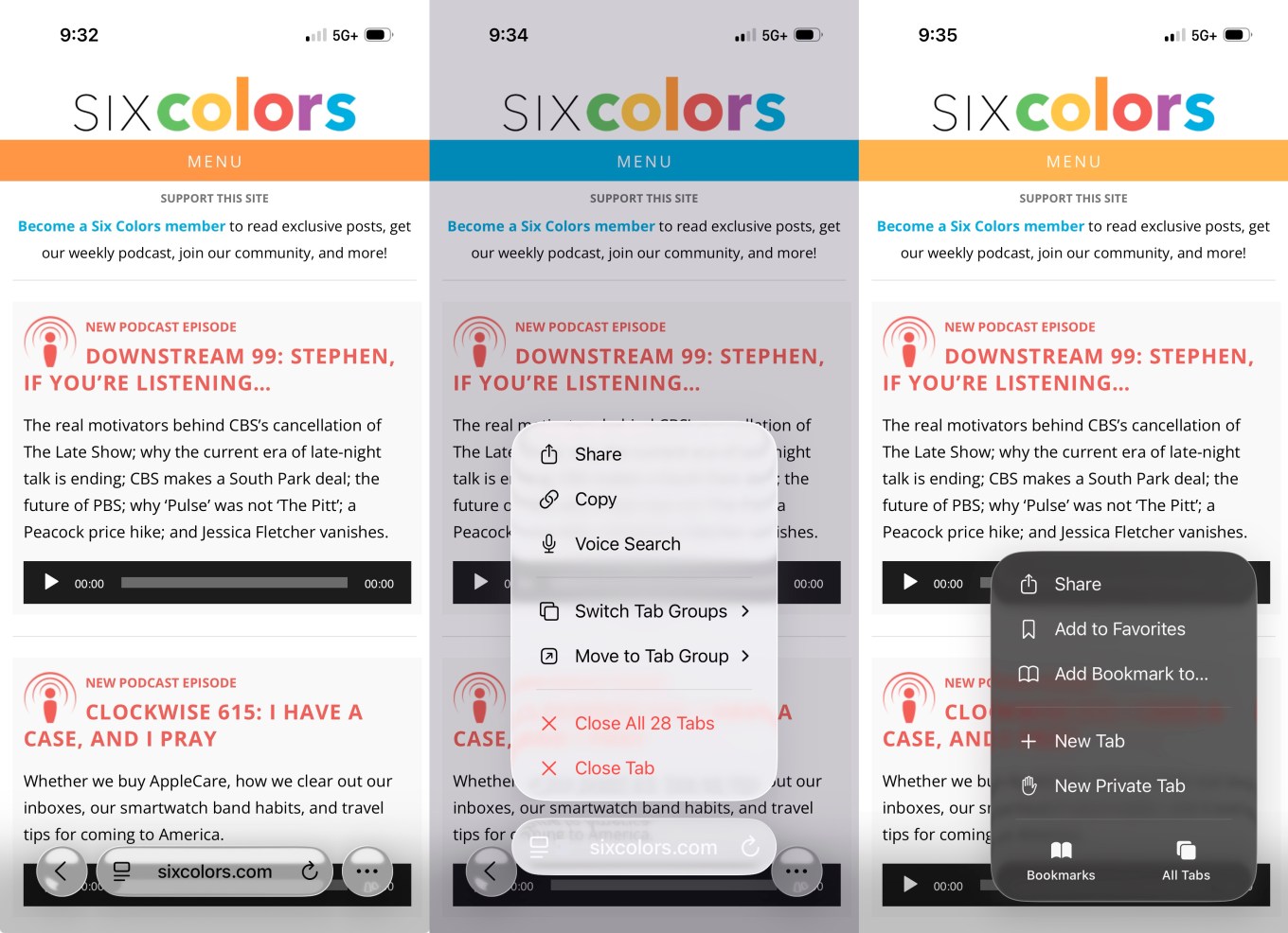 Three screenshots of a podcast app with a menu and a search bar. The first screenshot shows the app's logo and a list of podcast episodes. The second screenshot shows a menu with options like 'Share,' 'Copy,' 'Voice Search,' 'Switch Tab Groups,' 'Move to Tab Group,' 'Close All 30 Tabs,' and 'Close Tab.' The third screenshot shows a podcast episode with a play button, a progress bar, and options like 'Share,' 'Add Bookmark to...,' 'New Tab,' and 'New Private Tab.'