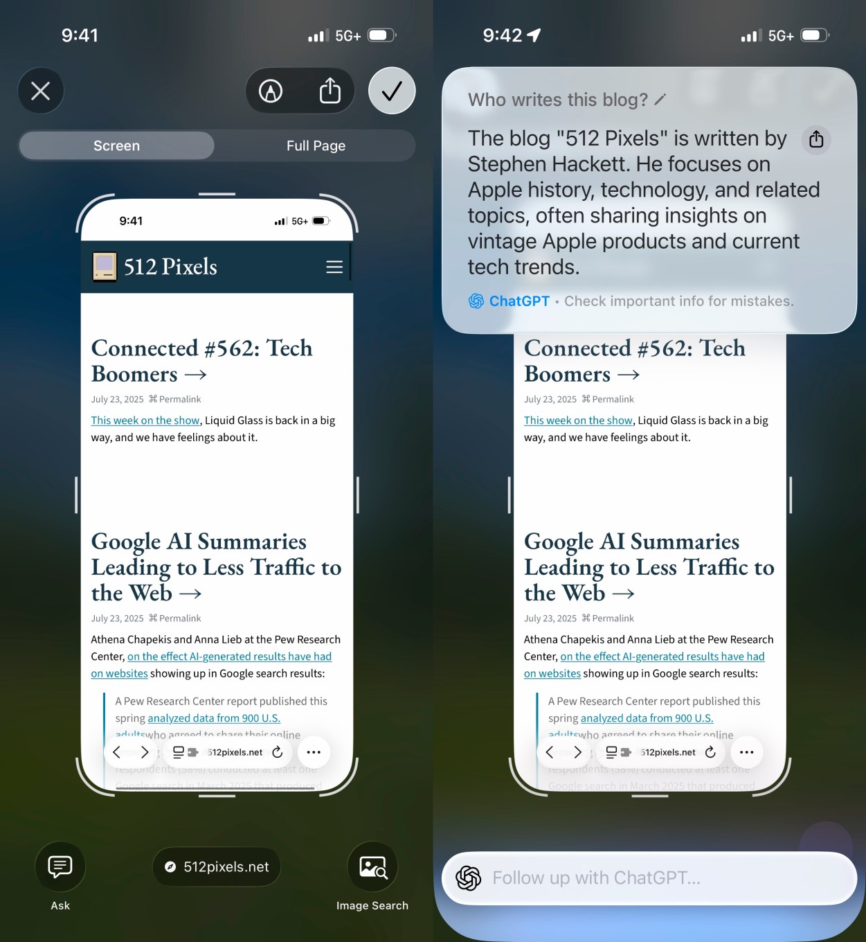 Two iPhone screenshots show a webpage from 512 Pixels. The first screenshot displays the article title 'Beta 3 Brings New Wallpaper: 'Tahoe Day'' with a preview image of a landscape. The second screenshot shows a ChatGPT response explaining that the blog is written by Stephen Hackett, covering Apple history, technology, and software updates. Both screenshots include the website's URL and options to share or download the content.