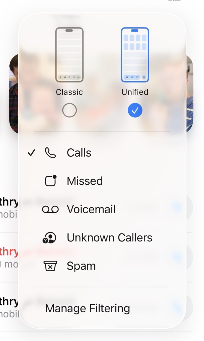 Screenshot of iPhone call settings menu with options for Classic and Unified call styles, and tabs for Calls, Missed, Voicemail, Unknown Callers, and Spam. Manage Filtering option is also visible.