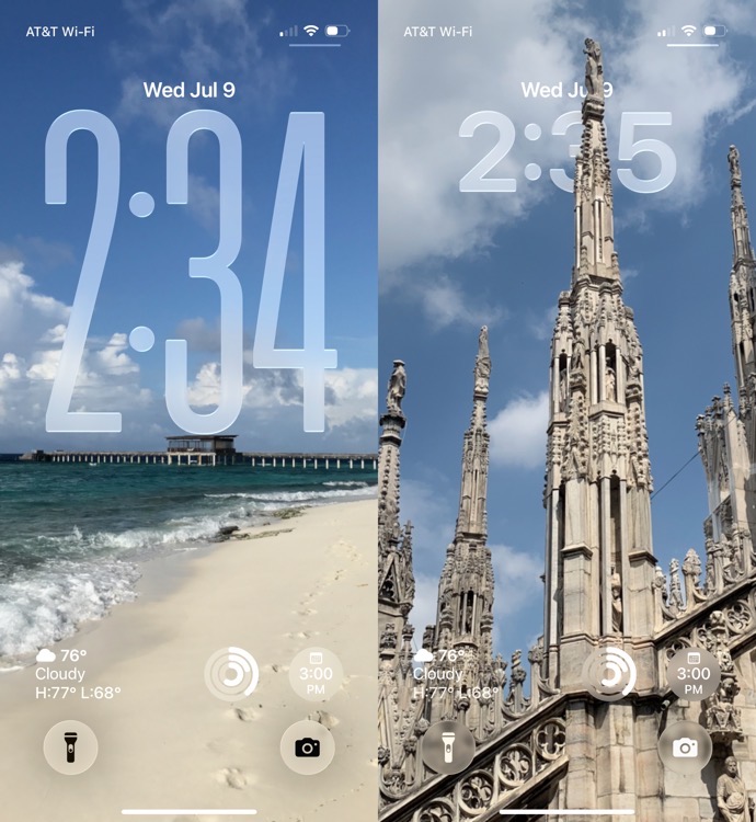 Two iPhone lock screens. The left screen displays a large clock reading 2:34 PM with a beach background. The right screen shows a small clock reading 2:35 PM with a cathedral background.