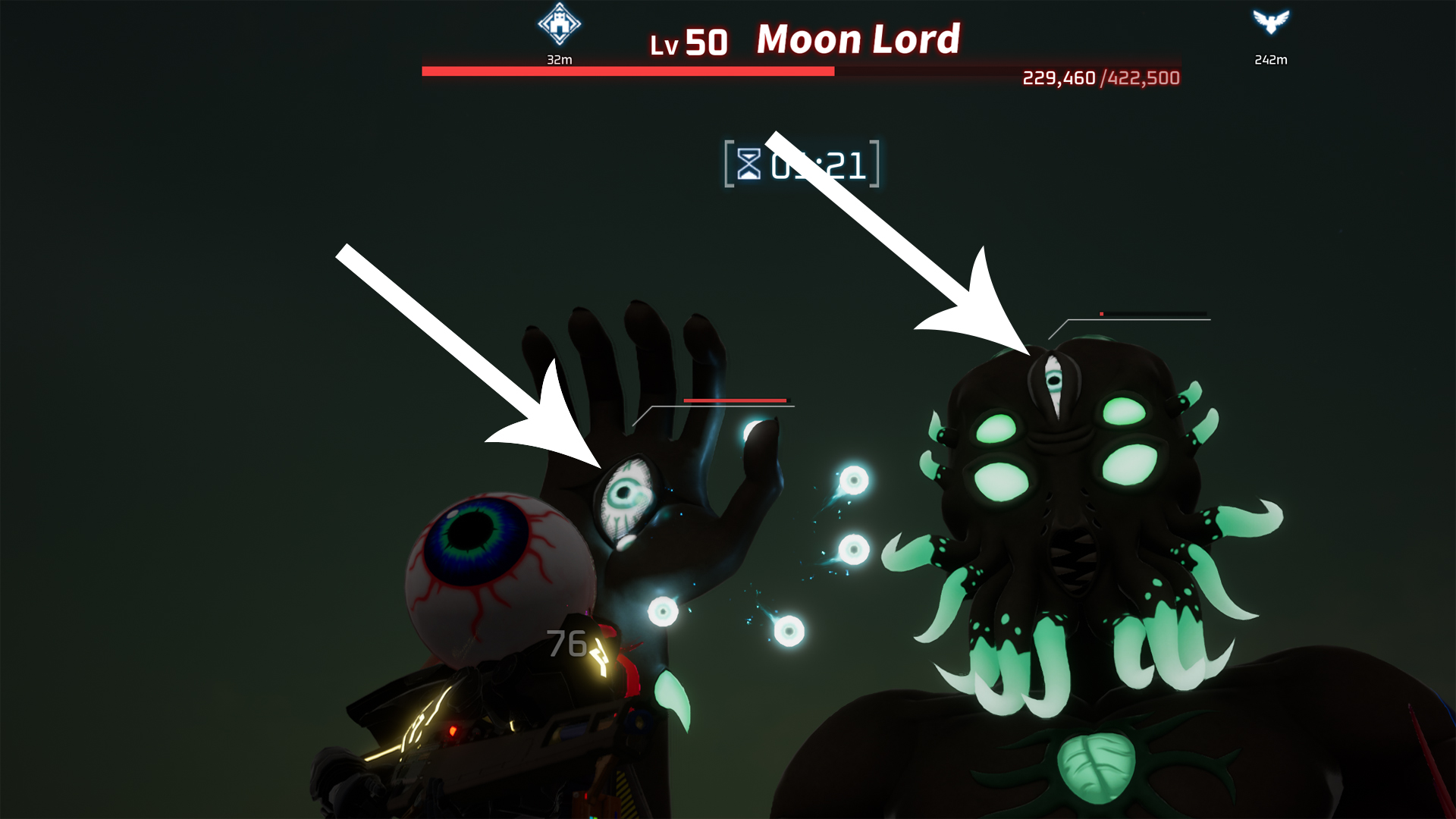 The Moon Lord boss and his weak points in Palworld.