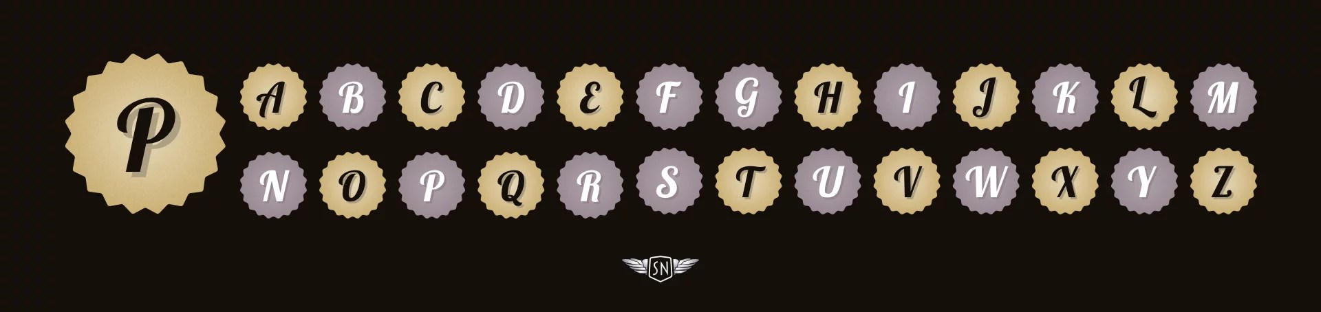 Showing all letters of the alphabet styled in the artist’s preferred way, with a circular background shaped like a sun with sharp angles.