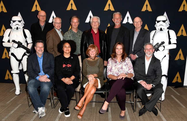BEVERLY HILLS, CALIFORNIA - JUNE 27: Back Row (L-R) Denis Muren, Ben Burtt, Bruce Nicholson, Richard Edlund, John Dykstra, Harrison Ellenshaw Front (L-R) John Knoll, Kiri Hart, Marcia Lucas, Rachel Rose, Bill George, The Academy Of Motion Picture Arts And Sciences Hosts Galactic Innovations: Star Wars And Rogue One Photo Call at Samuel Goldwyn Theater on June 27, 2019 in Beverly Hills, California. (Photo by Frazer Harrison/Getty Images)