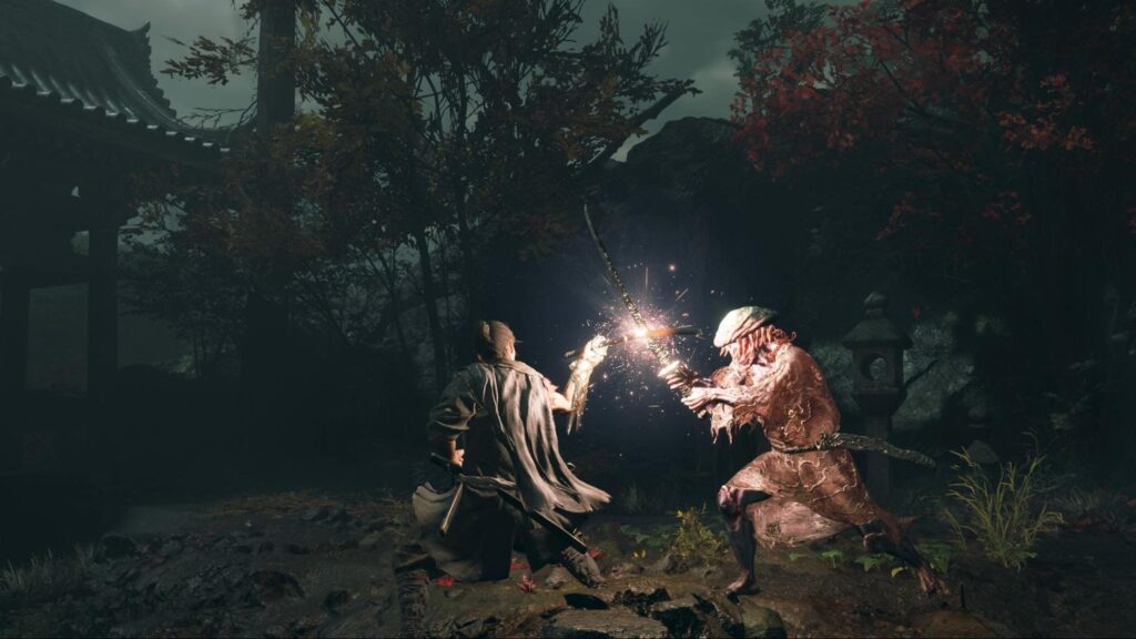 Two warriors engage in a dramatic sword fight in a dimly lit forest