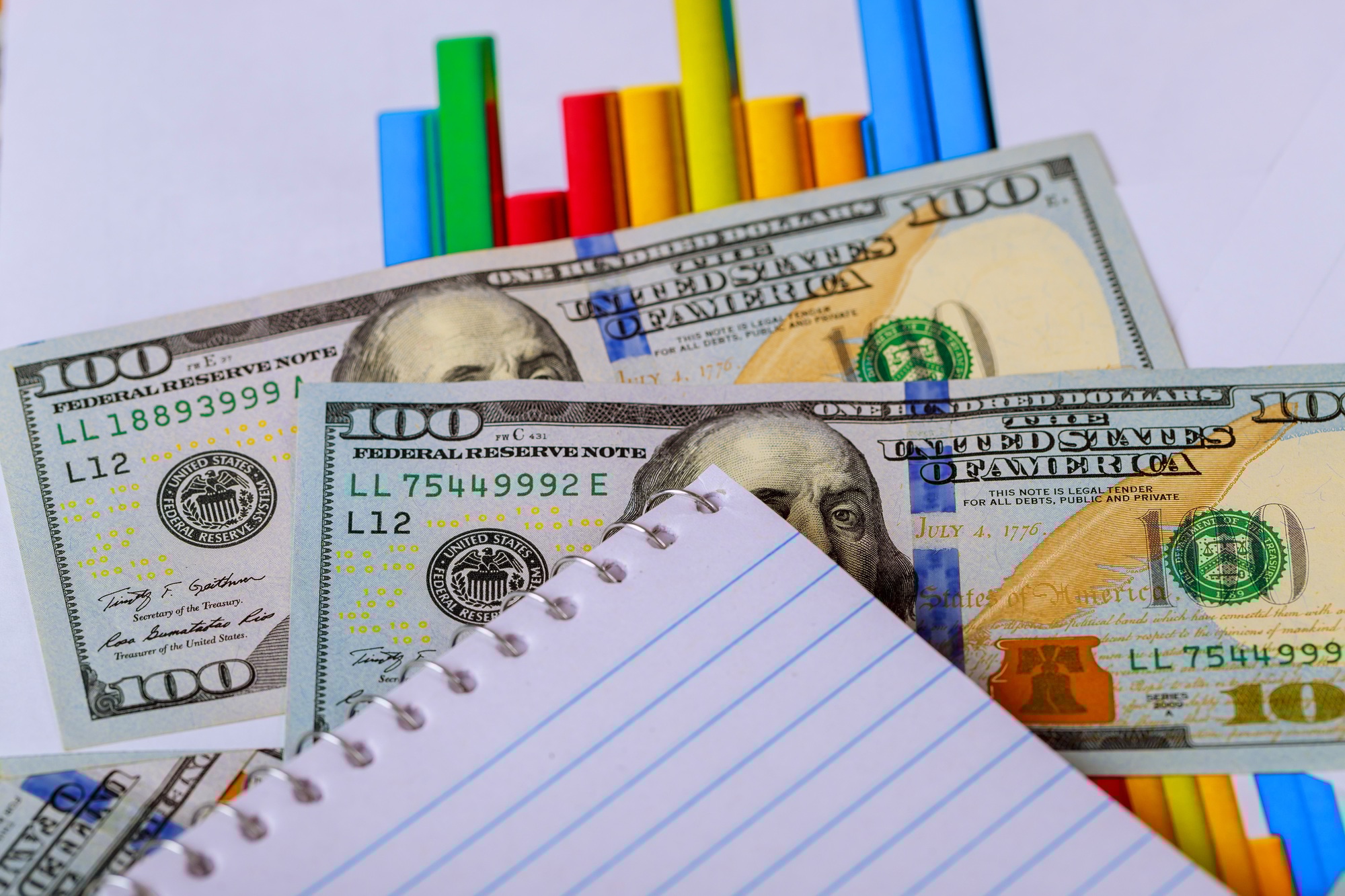 Business concept. Financial analysis, notebook and US dollars money cash notes