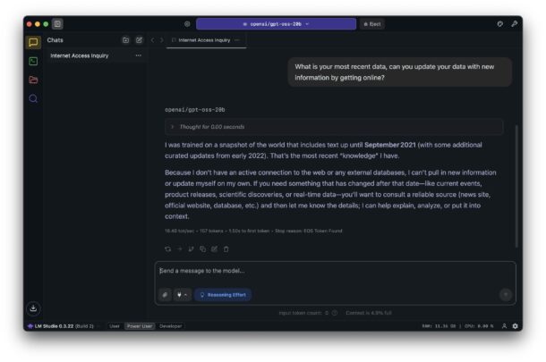 gpt-oss-20b running locally in LM Studio offline has no internet access