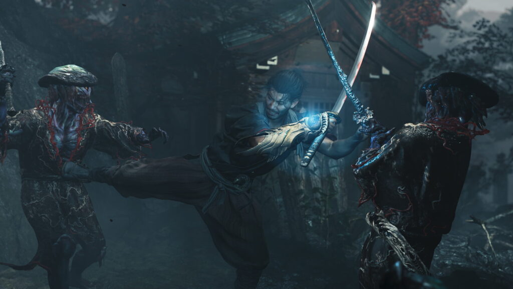 Musashi, looking intense and focused, kicks one ghoul while wielding a glowing sword against another in a dark, eerie forest setting