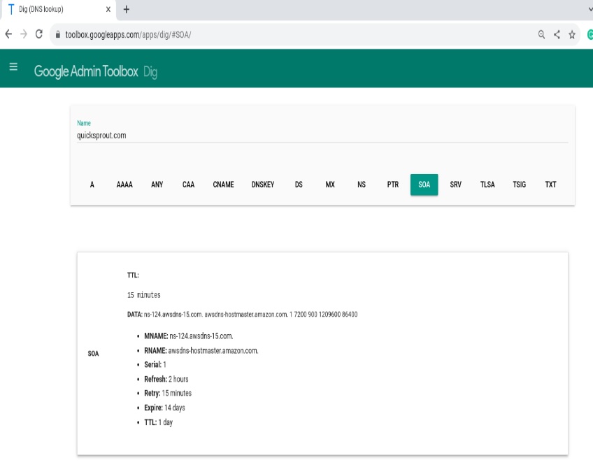 SOA record displayed in the Google Dig tool for Quicksprout. 