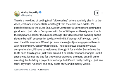 Screenshot of Andrej Karpathy's tweet defining Vibe Coding.