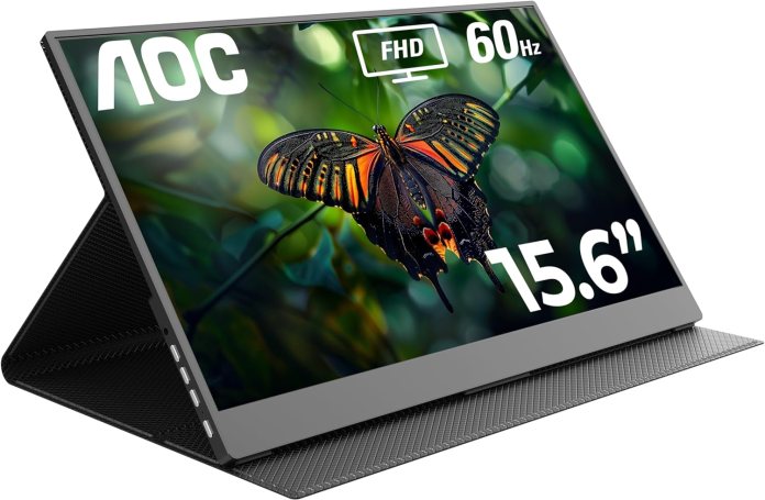 AOC 16T20 Portable Monitor displaying a vibrant butterfly on a greenery background, showcasing its 15.6-inch Full HD screen.