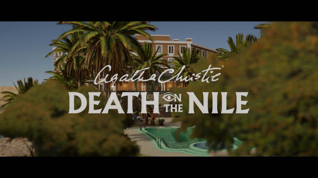 Agatha Christie’s Death on the Nile game title screen with palm trees, a hotel, and a swimming pool in the background.