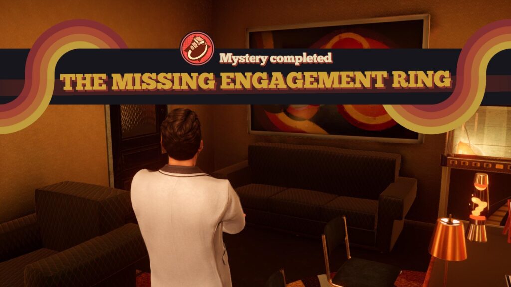 Player character in a retro-styled room, completing a mystery puzzle called “The Missing Engagement Ring” in the game Agatha Christie: Death on the Nile