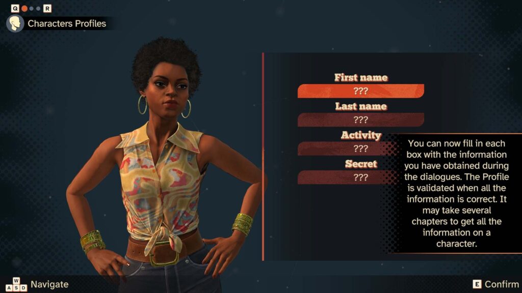 Character profile screen showing a woman with an afro hairstyle, wearing a colorful sleeveless shirt, with blank fields for first name, last name, activity, and secret.
