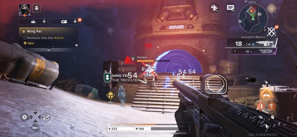 Player fights a Vandal enemy alongside Ning Fei during the Ketch mission in Destiny: Rising