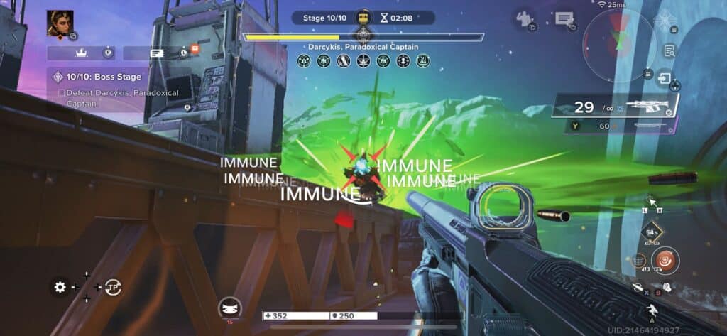 Player battles Darcykis, the Paradoxical Captain, during an intense boss stage in Destiny: Rising
