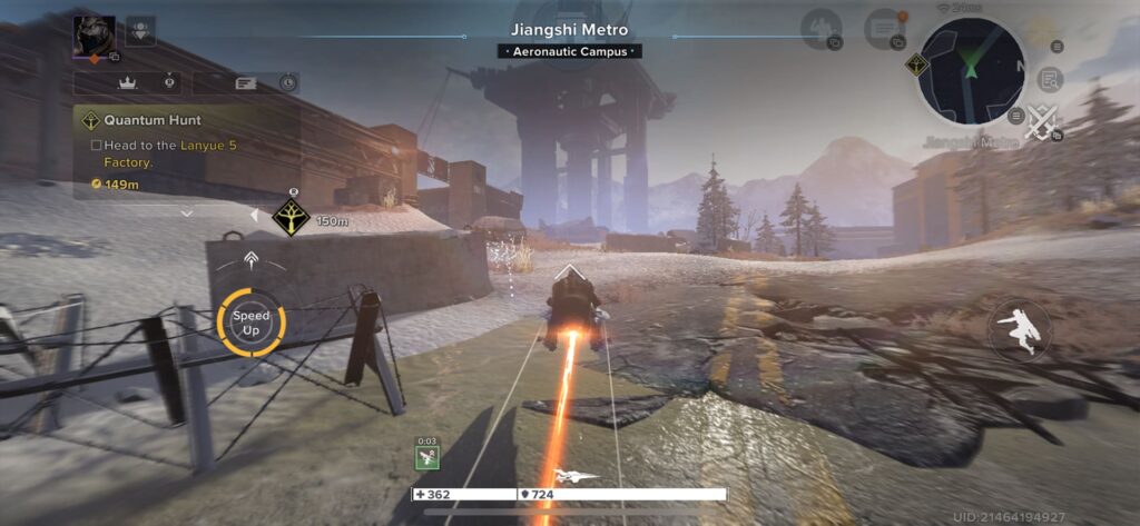 Guardian rides a sparrow across the snowy Jiangshi Metro area during a mission in Destiny: Rising