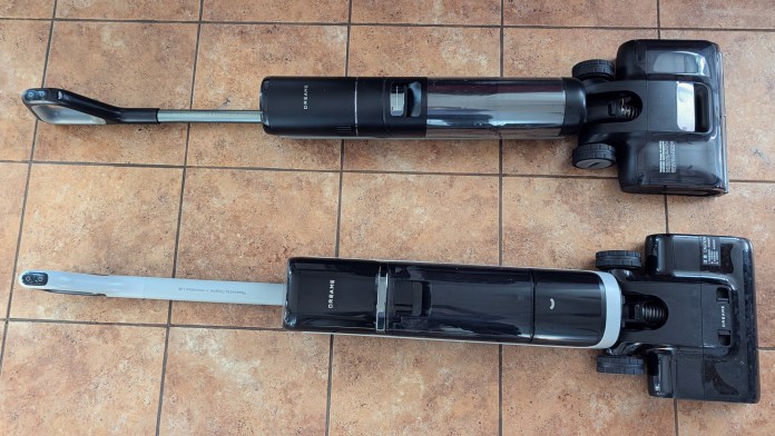 A top-down view of two Dreame wet/dry vacuum models, the H15 Pro CarpetFlex (top) and H15 Pro Heat (bottom), resting on tiled flooring.