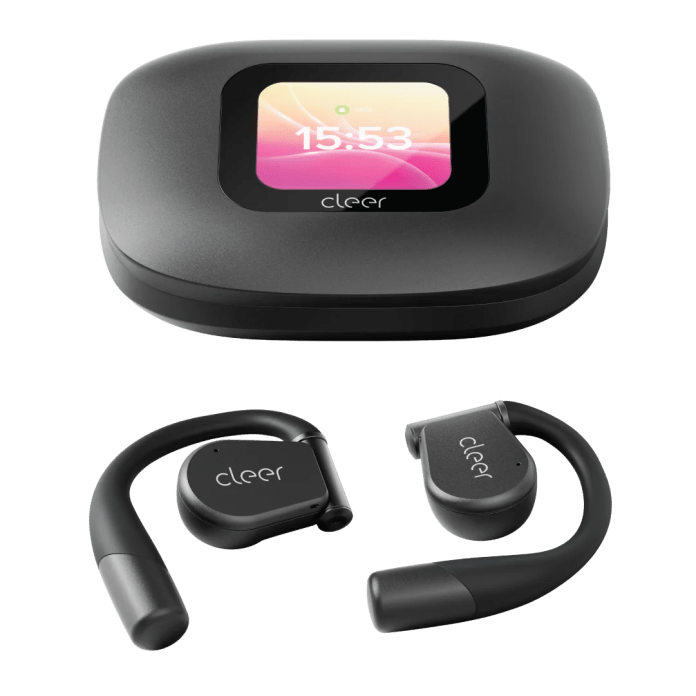 A charging case with a touchscreen display and two open-ear earbuds from Cleer Audio's Arc 3 Series, showcasing a lightweight and adjustable design for situational awareness.