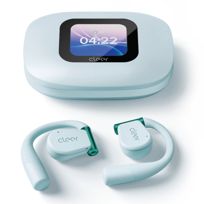 The Cleer Audio Arc 3 Series earbuds displayed next to their LED Smart Touch Screen charging case, showcasing the sleek design and open-ear style.
