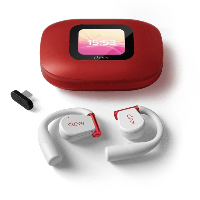 A pair of open-ear earbuds designed for multiple listening styles, shown next to a red charging case with a touch screen display.