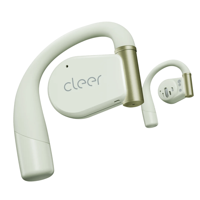 Image of Cleer Audio Arc 3 open-ear earbuds, showcasing their unique hook design and sleek appearance.