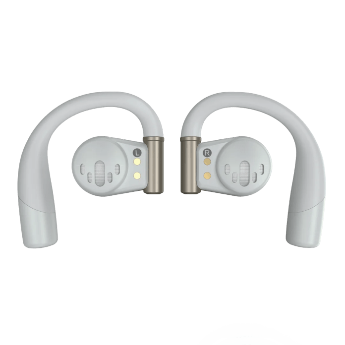Close-up of Cleer Audio Arc 3 Series open-ear earbuds with a lightweight design and over-ear hooks.